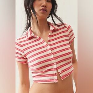 Out From Under Airy Terry Cropped Polo Shirt – Pink Stripe - NWOT